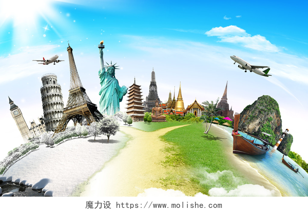 蓝天背景许多国家的标志性建筑旅行世界纪念碑概念